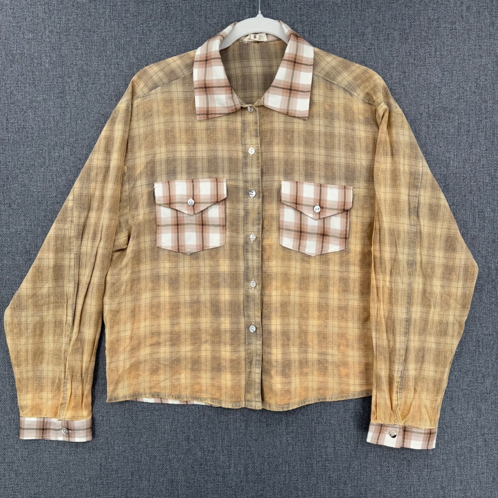 POL Plaid Button Front Shirt Contrast Collar Double Pocket Boho Size Small